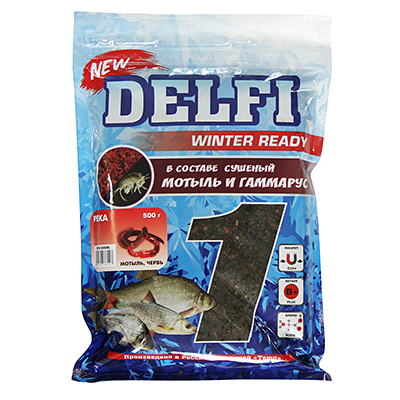 Прикормка зимняя увлажненная DELFI ICE Ready, река; мотыль + червь, черная, 500г